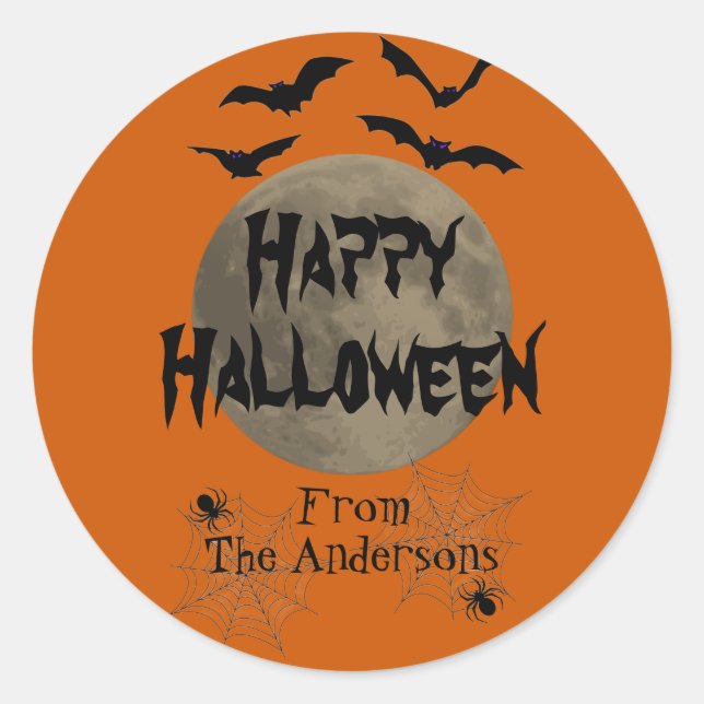 Black and Orange Spooky Bats Happy Halloween Classic Round Sticker (Front)