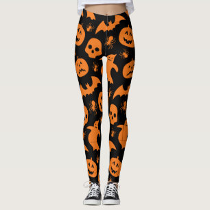 Black and Orange Spooky Halloween Ghost, Pumpkins Leggings