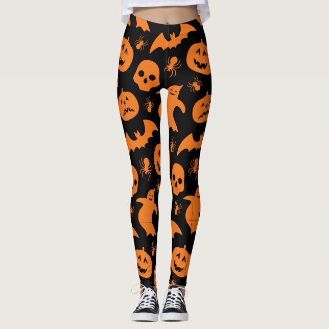 Black and Orange Spooky Halloween Ghost, Pumpkins  Leggings (Front)
