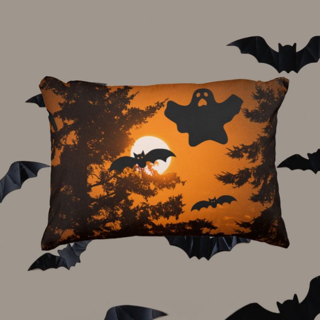 Black and Orange Spooky Halloween Night Scene Accent Pillow (In Situ)