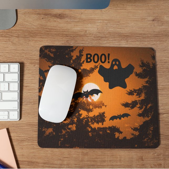 Black and Orange Spooky Halloween Night Scene Mouse Pad (In Situ)