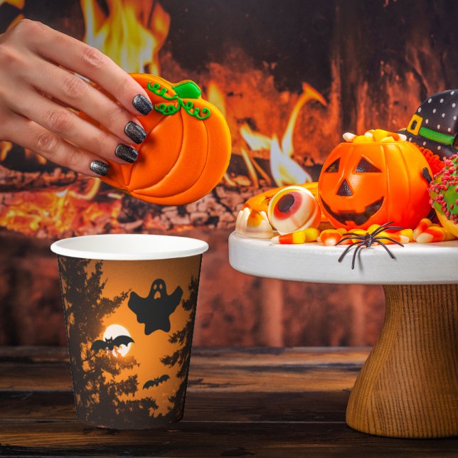 Black and Orange Spooky Halloween Night Scene Paper Cups (Halloween)