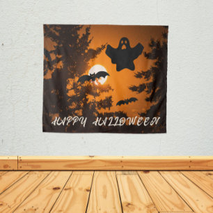 Black and Orange Spooky Halloween Night Scene Tapestry
