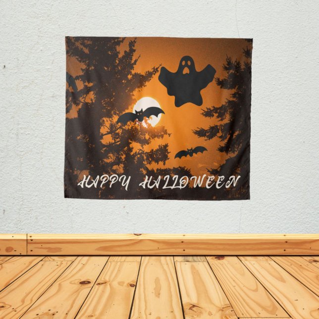 Black and Orange Spooky Halloween Night Scene Tapestry (In Situ Wall)