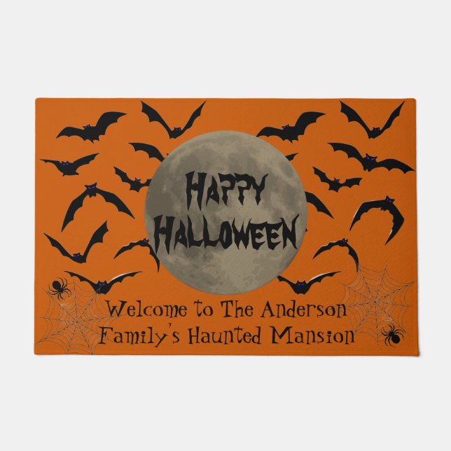 Black and Orange Spooky Typography Happy Halloween Doormat (Front)
