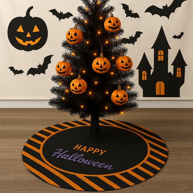 Black and Orange Striped Happy Halloween Brushed Polyester Tree Skirt (Creator Uploaded)