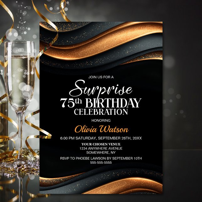 Black and Orange Surprise 75th Birthday Party Invitation (Creator Uploaded)