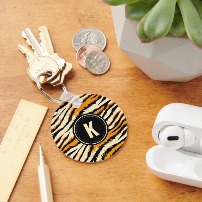 Black and Orange Tiger Pattern Monogram Keychain (Desk)