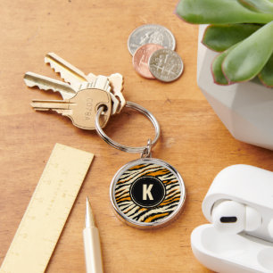 Black and Orange Tiger Pattern Monogram Keychain