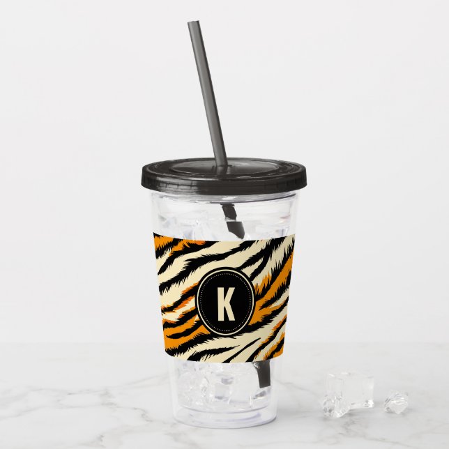 Black and Orange Tiger Stripes Monogram Acrylic Tumbler (Front Ice)