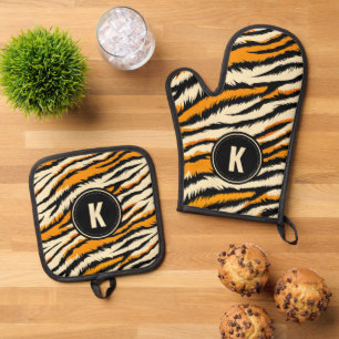 Black and Orange Tiger Stripes Monogram Oven Mitt & Pot Holder Set
