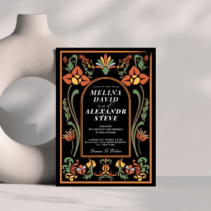 Black and orange Vintage floral art wedding  Invitation