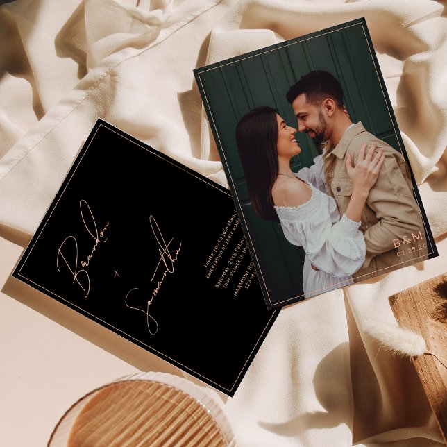 Black and Peach Hand-Lettered Script Photo Wedding Invitation (Creator Uploaded)