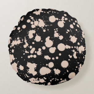 Black and Peach Splatter Paint Art Round Pillow