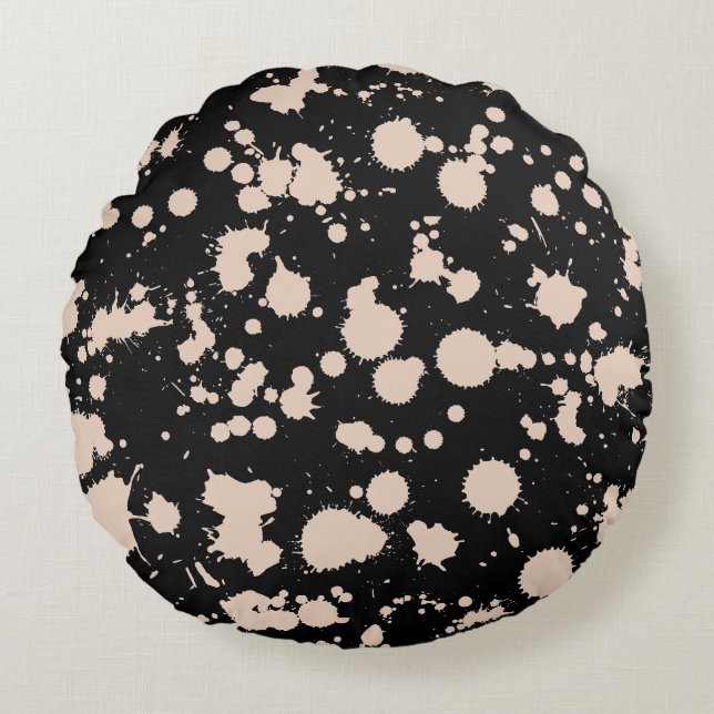 Black and Peach Splatter Paint Art Round Pillow (Front)