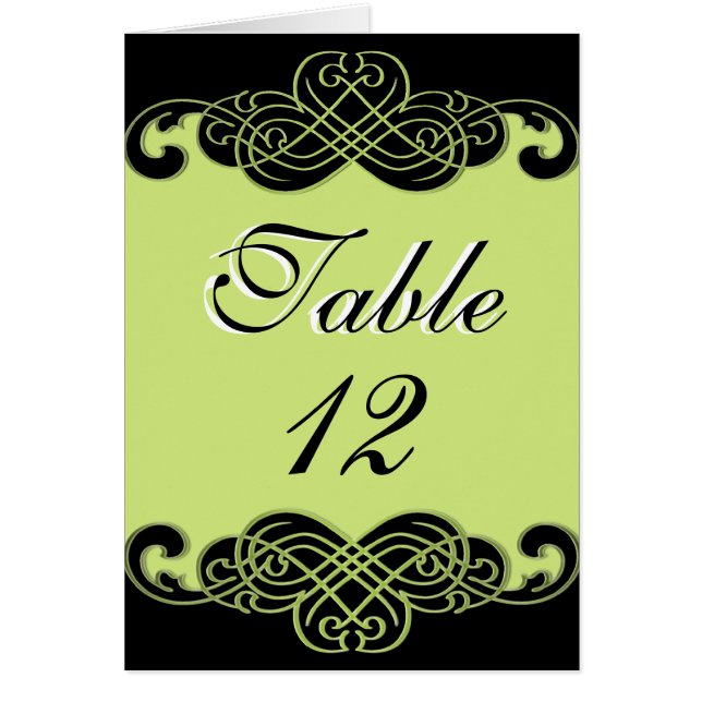 Black and Pear Green Scrolls Table Number Card (Front)