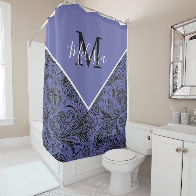 Black and peri paisley    shower curtain (In Situ)