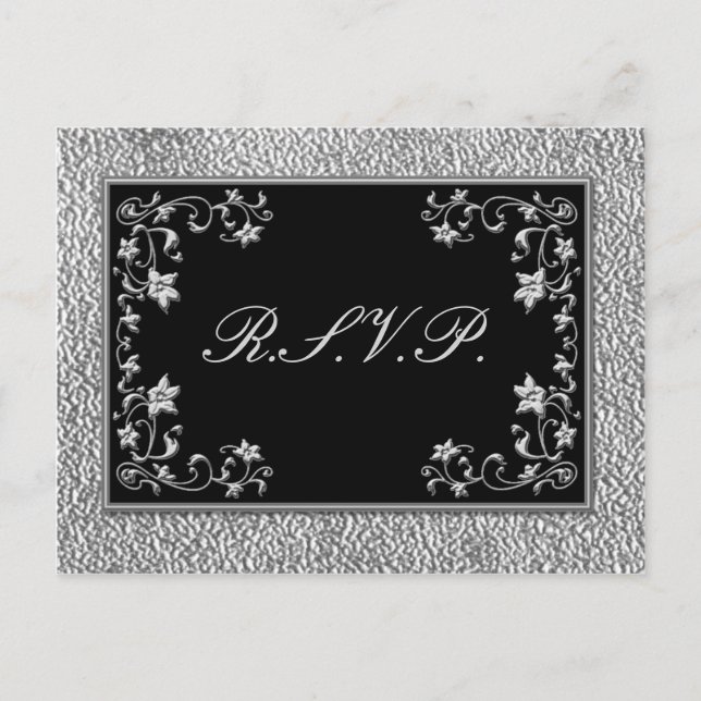 Black and Pewter Floral RSVP Postcard (Front)