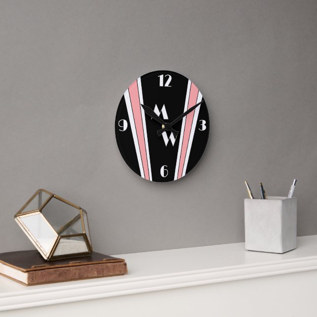 Black And Pink Art Deco Design Monogrammed Round Clock (Office)