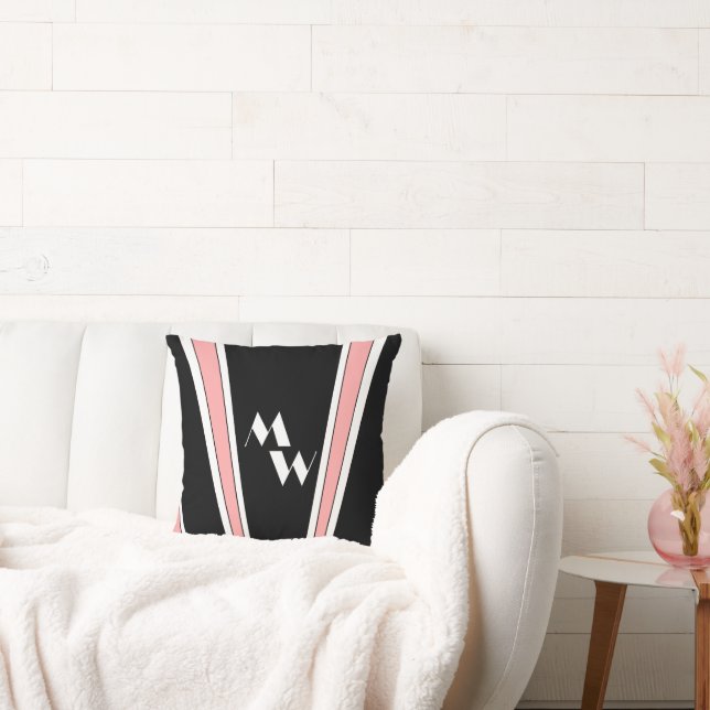 Black And Pink Art Deco Design Monogrammed Throw Pillow (Couch)
