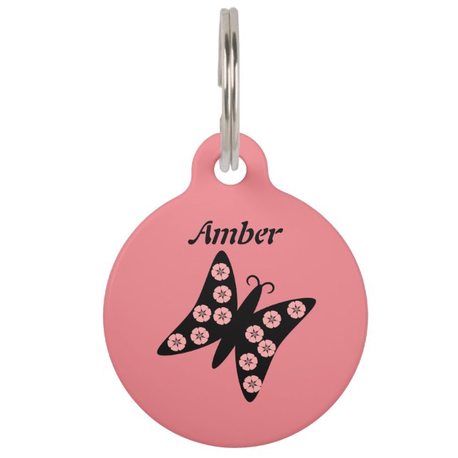 Black and Pink Butterfly Design Pet Tag (Front)