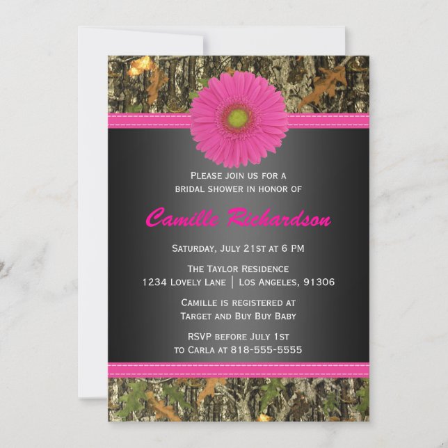 Black and Pink, Camo, Bridal Shower Invitation (Front)