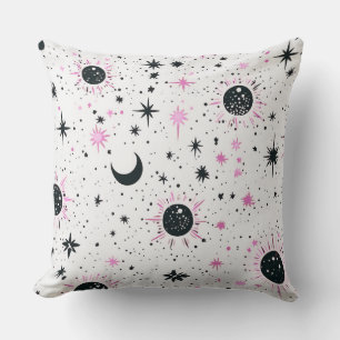 Black and Pink Celestial Sun Moon Stars Throw Pillow