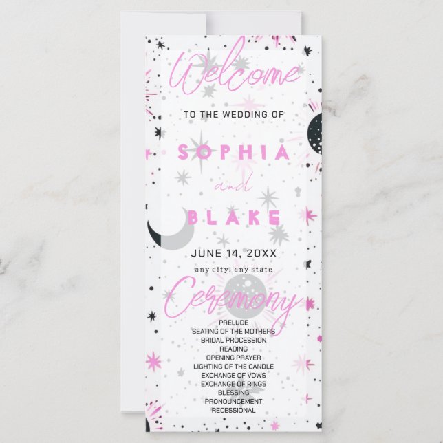 Black and Pink Celestial Wedding Program (Front)