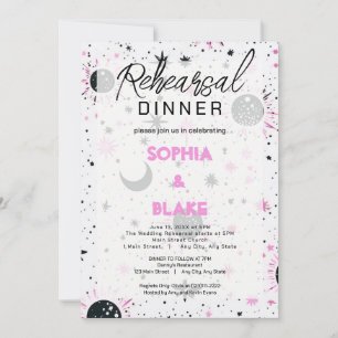 Black and Pink Celestial Wedding Rehearsal Dinner Invitation