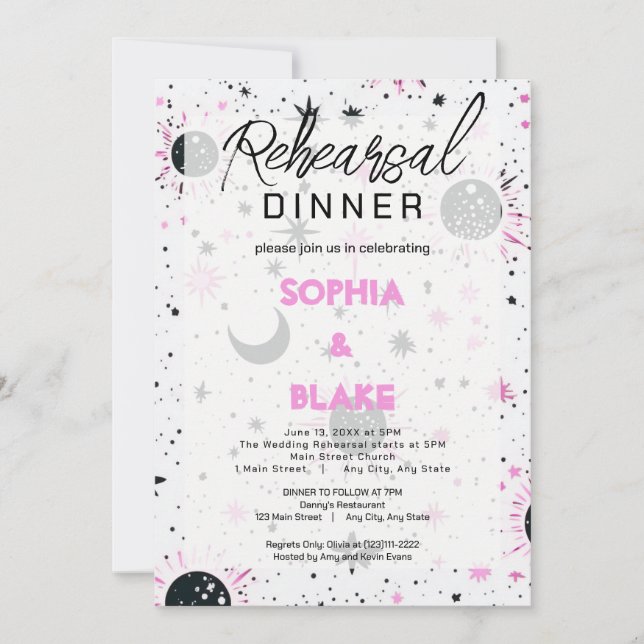 Black and Pink Celestial  Wedding Rehearsal Dinner Invitation (Front)