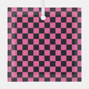 Black and pink checkerboard pattern glass ornament