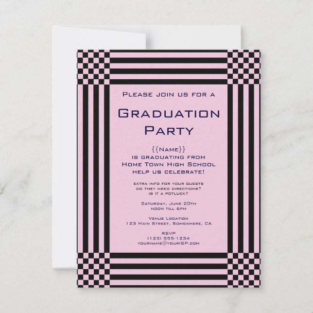 Black and Pink Checkers Stripes Graduation Party Invitation (Front)