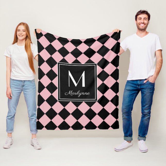 Black and Pink Chequered Modern Monogram Name Fleece Blanket (In Situ)
