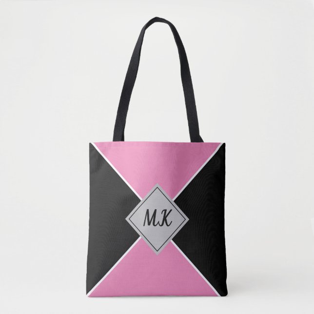 Black and Pink Colorblock Monogrammed Tote Bag (Front)