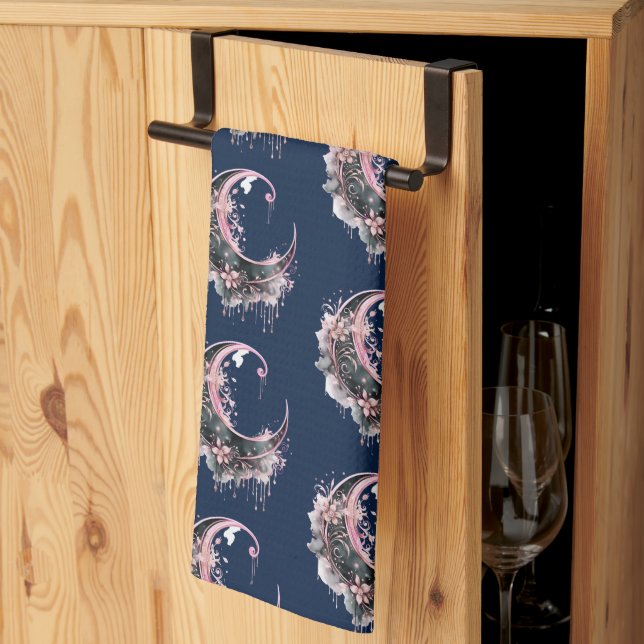 Black and Pink Crescent Moon Pattern Halloween Kitchen Towel (Thirds Fold)