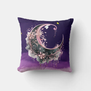 Black and Pink Crescent Moon Starry Halloween Throw Pillow