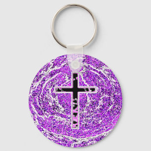 BLACK AND PINK CROSS WITH PURPLE BACKGROUND KEYCHAIN