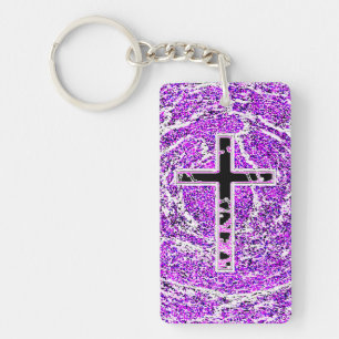 BLACK AND PINK CROSS WITH PURPLE BACKGROUND KEYCHAIN