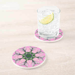 Black and Pink Cute Floral Fashion Motif Monogram  Coaster