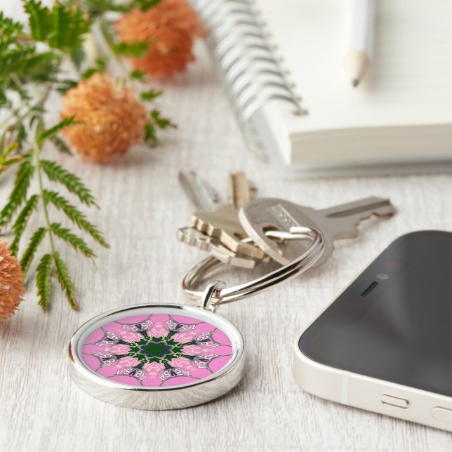 Black and Pink Cute Floral Fashion Motif Monogram  Keychain (Side)