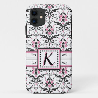Black and Pink Damask Monogram iPhone 11 Case