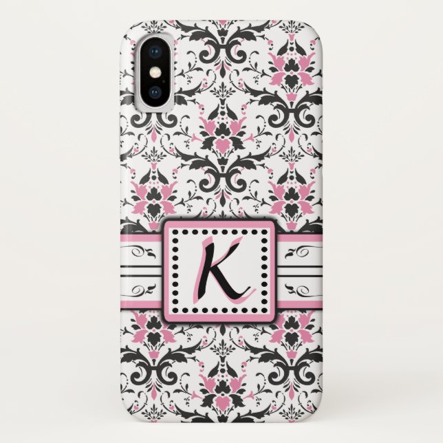 Black and Pink Damask Monogram Case-Mate iPhone Case (Back)