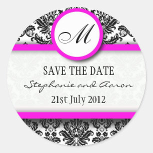 Black and Pink Damask Monogram Wedding Sticker