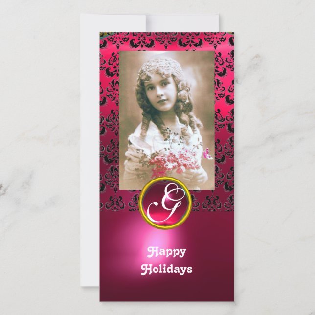BLACK AND PINK DAMASK Red Ruby Monogram Holiday Card (Front)