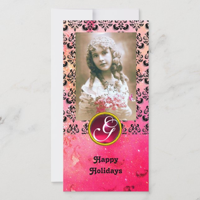 BLACK AND PINK DAMASK Red Ruby Monogram Holiday Card (Front)