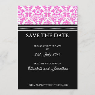 Black and Pink Damask Save The Date Postcard