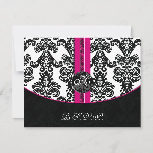 Black and Pink Damask Wedding RSVP Card (Front)