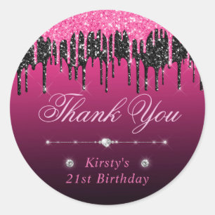 Black and Pink Dripping Glitter Birthday Classic Round Sticker