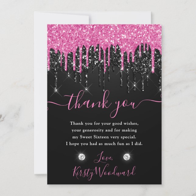 Black and Pink Dripping Glitter Sweet 16 Thank You Card (Front)