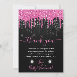 Black and Pink Dripping Glitter Sweet 16 Thank You Card